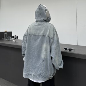 美式复古拼接水洗做旧牛仔连帽卫衣男女情侣潮牛仔卫衣外套图片