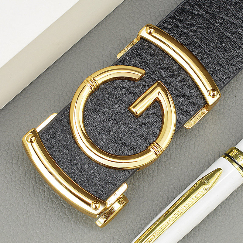 时尚潮无牙无孔皮带男士真皮自动扣内穿2023新款字母腰带男西裤带