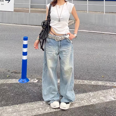 怀旧复古阔腿牛仔裤女宽松高腰秋季夏薄2025新款垂感直筒拖地裤子