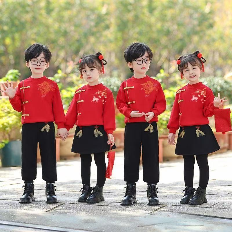元旦儿童喜庆演出服中国风加绒冬季套装姐弟唐装拜年服装幼儿表演