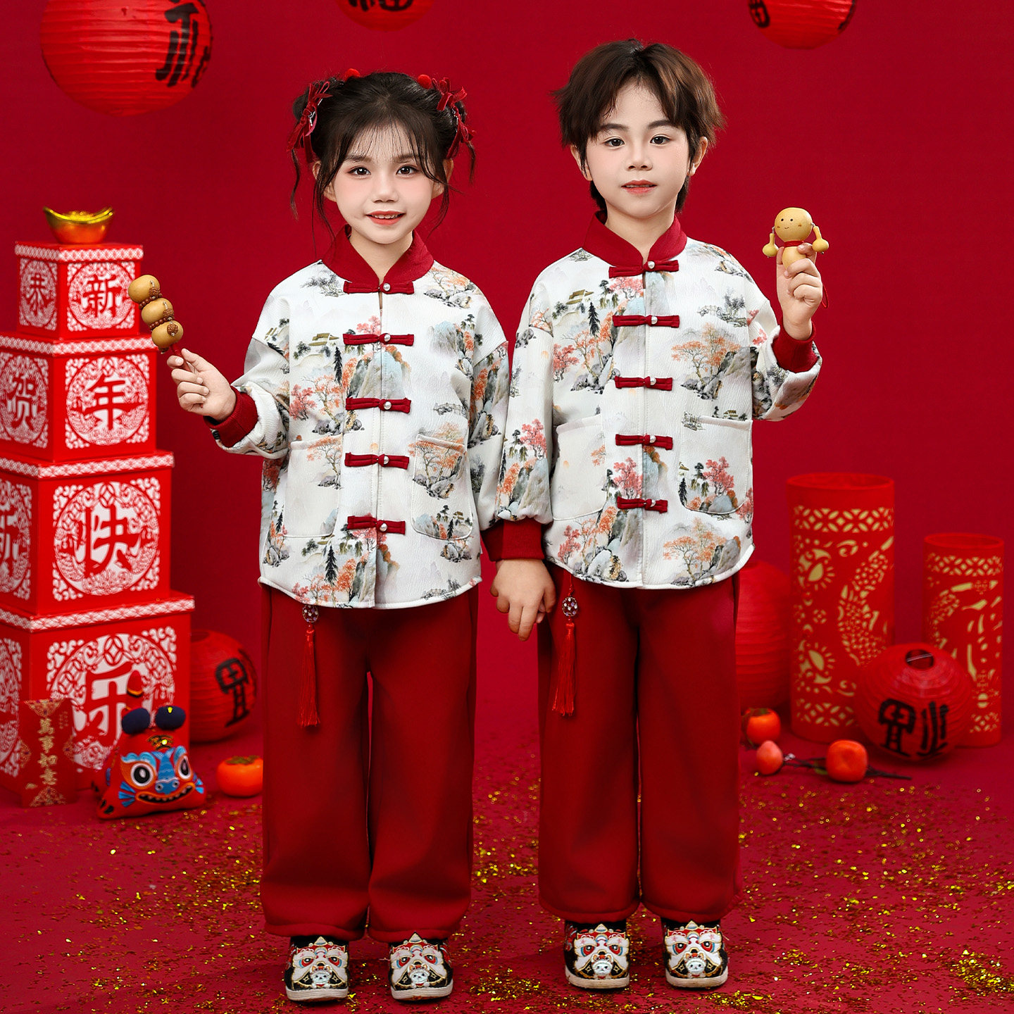 元旦喜庆演出服新款儿童唐装幼儿园中国风加绒冬季新中式表演套装