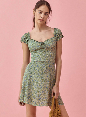 【归己】reformation新款法式荷叶边领复古显瘦碎花连衣裙女