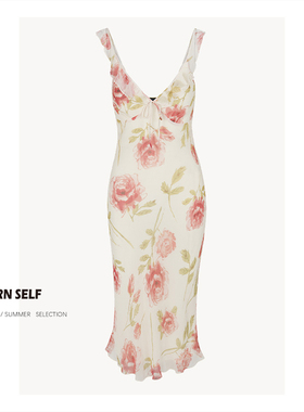 归己25年夏reformation海边度假吊带V领连衣裙法式印花鱼尾裙女