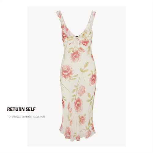 归己【reformation海边度假吊带V领连衣裙】法式印花鱼尾裙子女夏