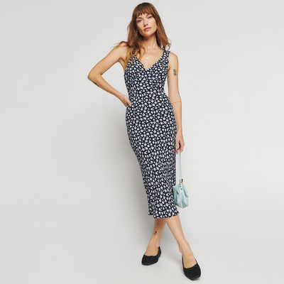 斜丝裁剪收腰显瘦人棉V领连衣裙