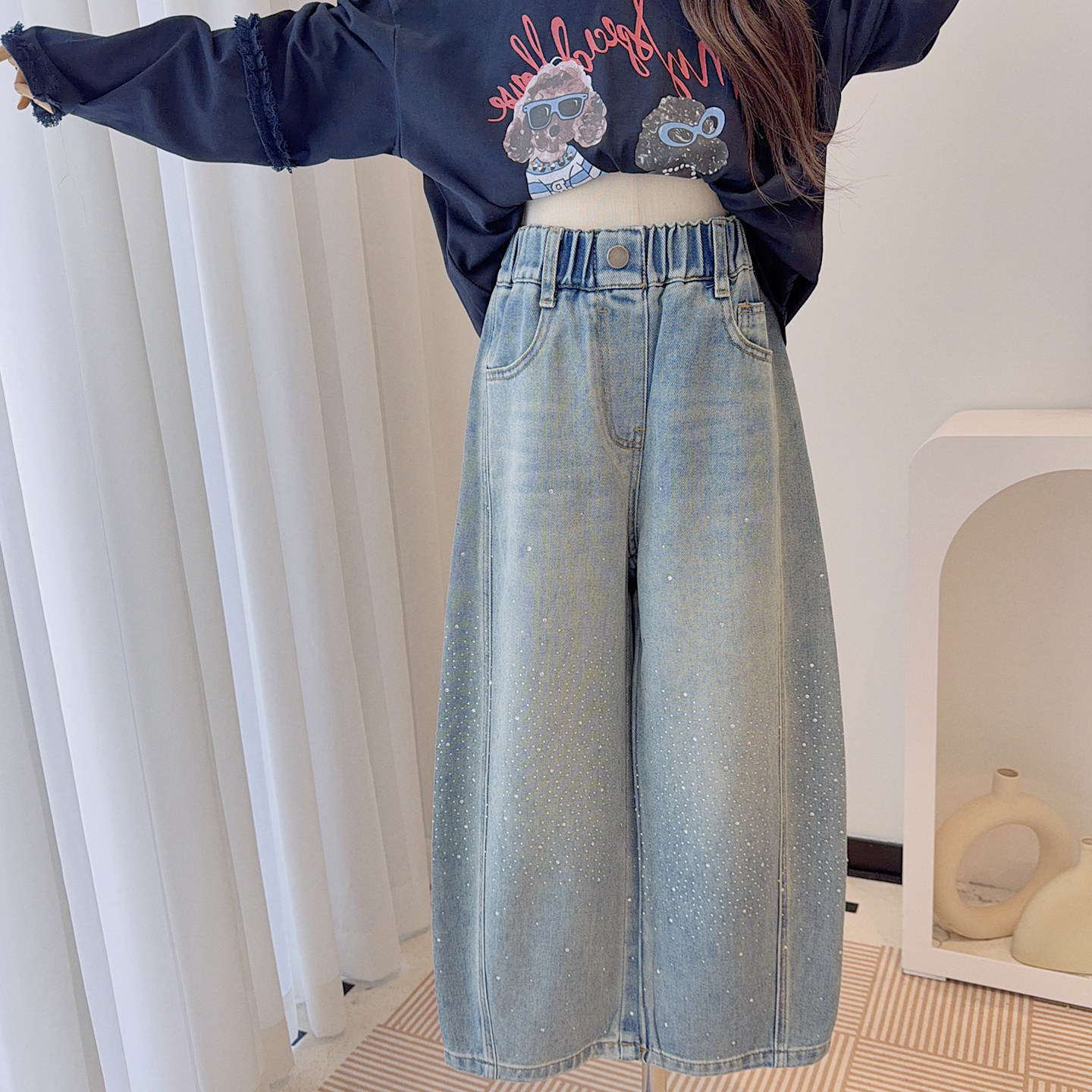 中大童女童满天星烫钻弯刀牛仔裤2026春新款儿童韩式休闲高腰长裤,童装/婴儿装/亲子装,儿童牛仔裤,淘宝优惠券,粉丝福利购,淘宝优惠卷