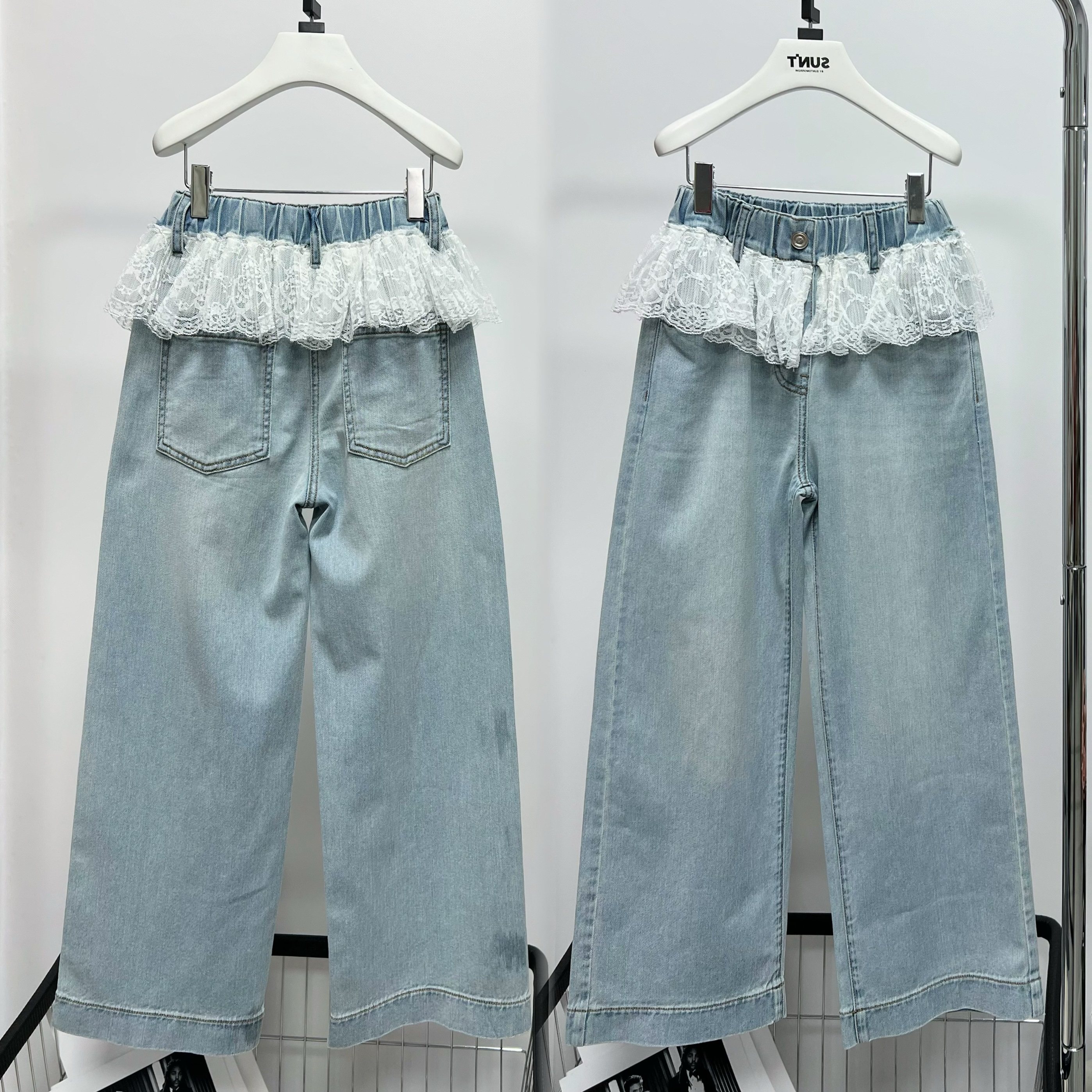 女童直筒蕾丝腰牛仔春夏薄2026阔腿裤中大童装亲子浅色宽松屁帘