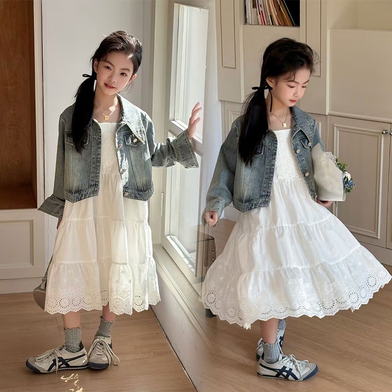 女童牛仔外套长袖夹克上衣白色吊带连衣裙子2025春夏中大童装成人