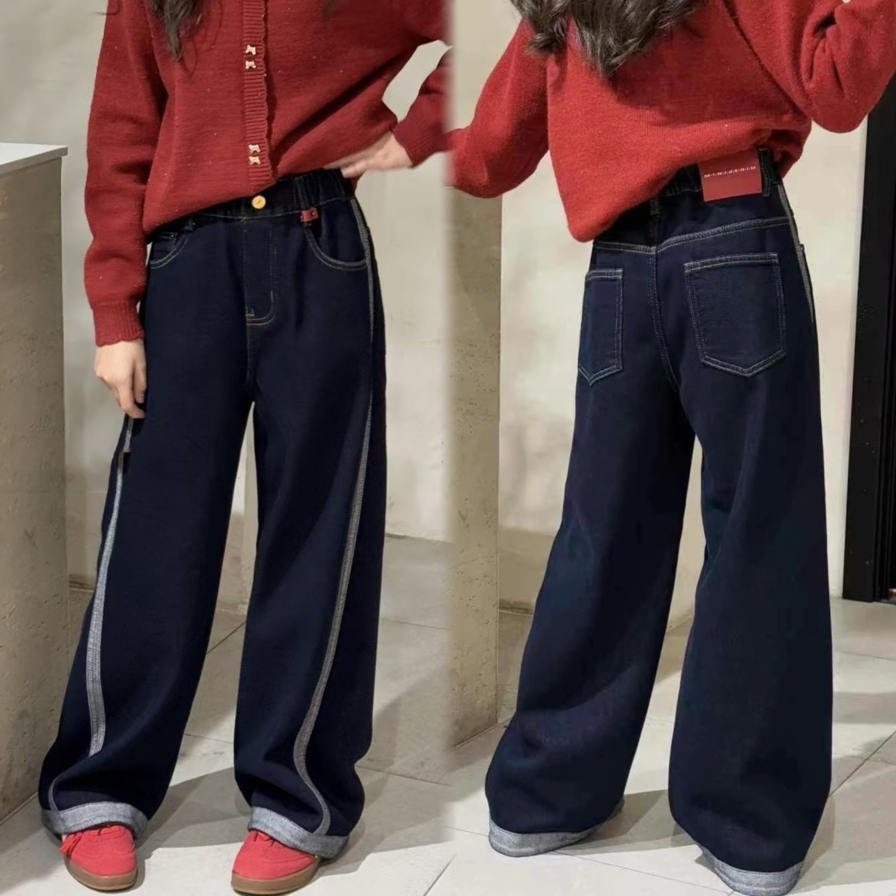 加绒阔腿牛仔裤女童保暖宽松百搭