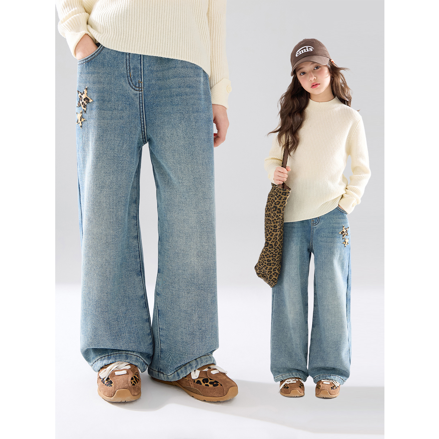 韩版女童直筒加绒牛仔裤复古