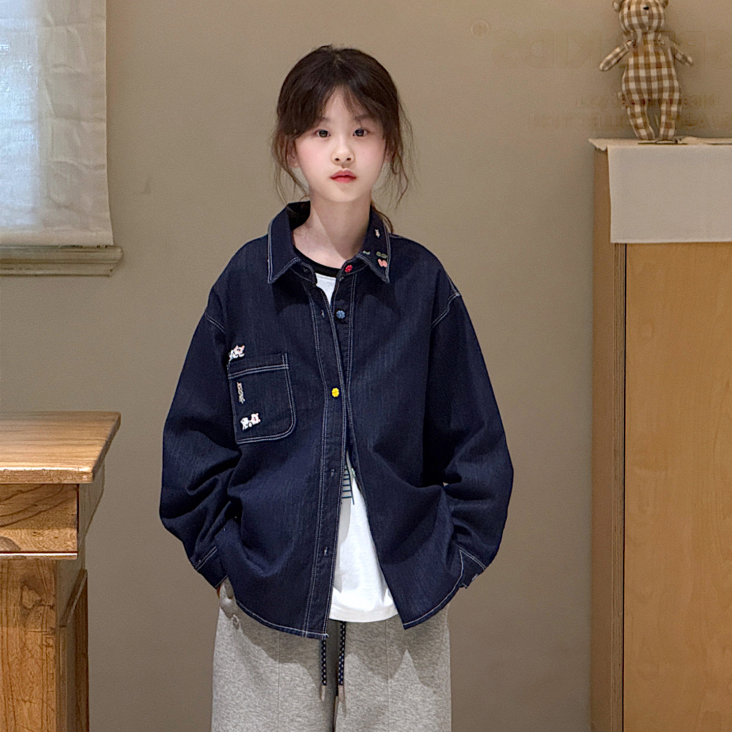 25秋装男女童韩版刺绣牛仔衬衫儿童装洋气时髦衬衣中大童休闲上衣