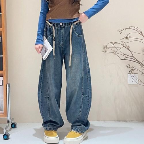 男童女童牛仔裤儿童抽绳弯刀裤