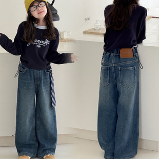 女童加绒直筒牛仔裤2025冬装新款中大童一体绒阔腿裤儿童装休闲裤