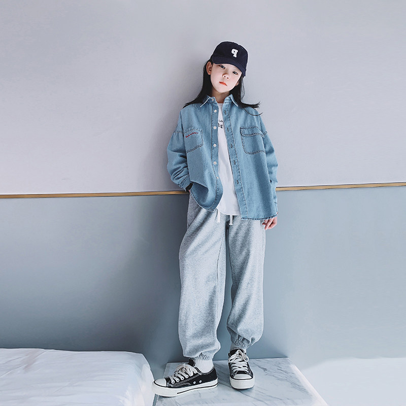 女童复古牛仔衬衫2024春秋装新款宽松港味衬衣外套女大童长袖上衣