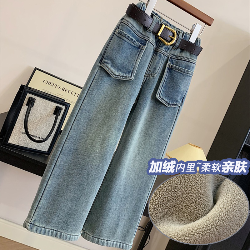 一体绒牛仔裤阔腿休闲直筒裤子