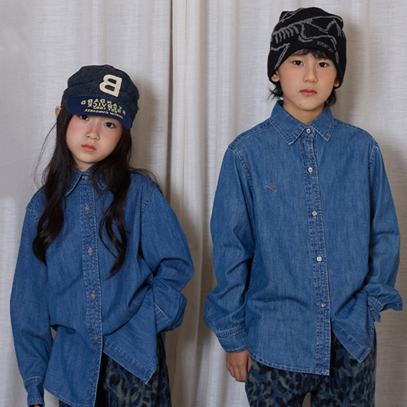 男女中大童牛仔衬衫小个子衬衣