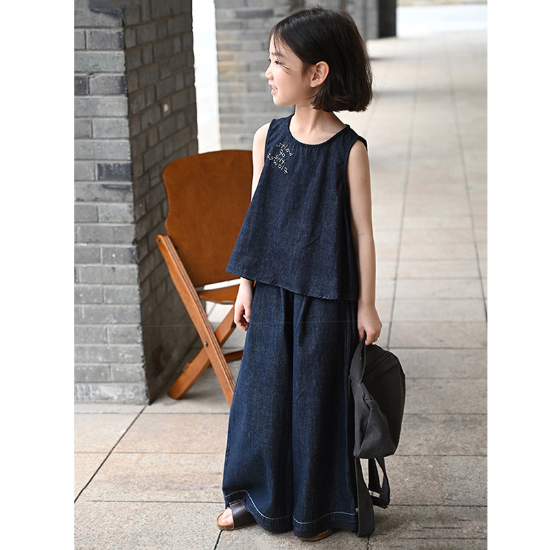 韩国童装2025夏季新女童直筒复古窄版阔腿裤气质无袖背心牛仔套装