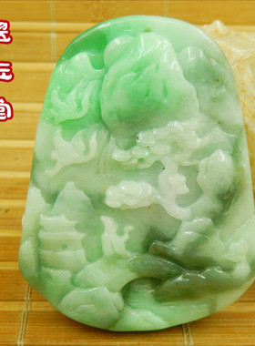 白底青老坑种翡翠阳绿色64牌子明料 玉原石A货山水厚桩精雕吊坠