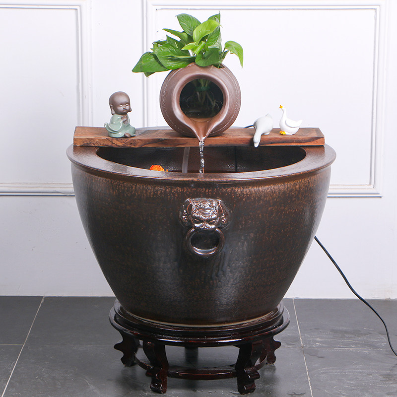 陶瓷大缸法古养鱼缸客厅阳台落地金鱼缸陶罐循环流水造景老式水缸