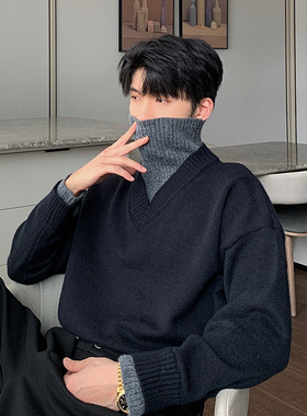 一轩轩hlds【舒适至上】假两件高领毛衣男款冬季内搭打底韩版男