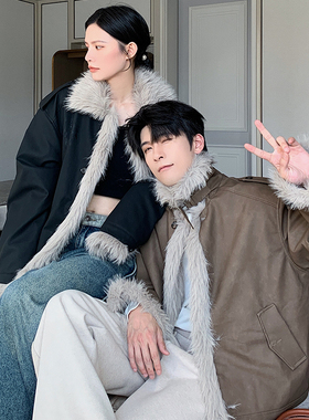 一轩轩hlds【北国之境】美式复古皮毛一体皮衣外套 pu飞行夹克