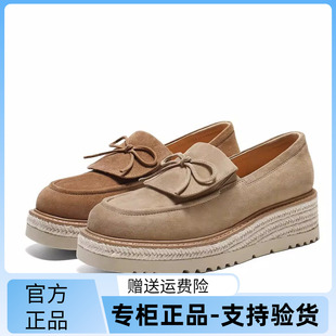 国内专柜正品2026春款百丽绒面乐福鞋羊皮厚底休闲女鞋F2F1 F2F1D
