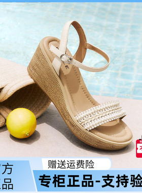国内专柜正品2025夏款百丽一字带凉鞋羊皮编织坡跟女鞋D8T1 D8T1D