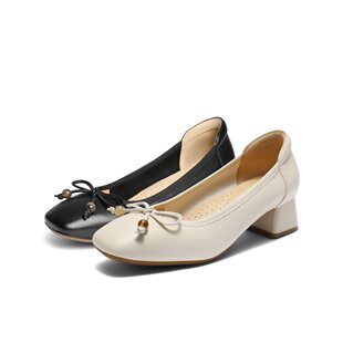 新款 真皮上班穿不累脚女B2696CQ5 子2025秋季 百丽粗高跟浅口单鞋