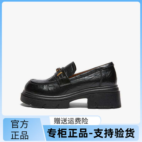 百思图2026春商场新款英伦风厚底粗跟乐福鞋小皮鞋女单鞋BV021AA6