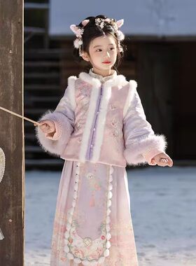 汉服女童冬装宝宝中国风长裙套装女孩古装年服儿童过年唐装拜年服
