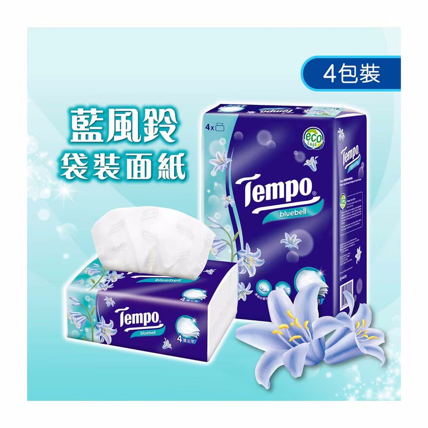 香港 得宝Tempo- 四层蓝风铃袋装面纸4包装 - 家用卫生纸巾擦手纸