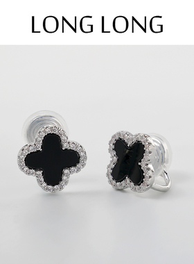 高级感轻奢经典黑色四叶草镶钻耳环女无耳洞蚊香盘耳夹潮流耳饰品