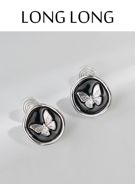 法式复古黑色蝴蝶耳环女小香风简约百搭耳饰无耳洞蚊香盘耳夹耳饰