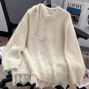 上衣 设计感针织衫 慵懒风露肩蝴蝶结中长款 毛衣女秋冬外穿2025新款