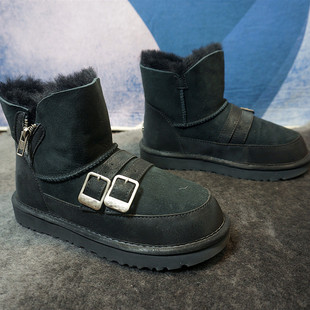 真皮羊皮毛一体雪地靴 新款 皮带扣中筒机车靴 6C冬季