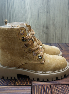 4-20冬季真皮牛皮羊毛女士马丁靴  系带新款方跟女靴  中筒靴