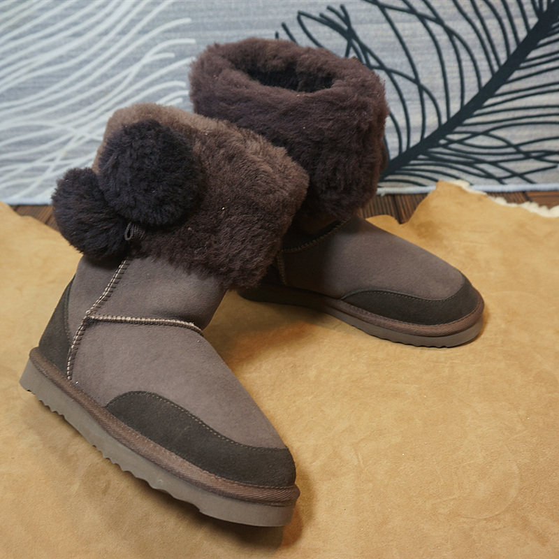 69-2冬季新款真皮羊皮毛一体雪地靴 套筒毛球 高筒靴 保暖棉靴