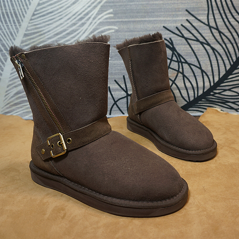 68-4 冬季新款真皮羊皮毛一体中筒靴雪地靴 拉链橡胶保暖棉靴