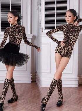 TID拉丁舞服少儿女童秋冬新款长袖豹纹练习套装高级感国标舞蹈裙