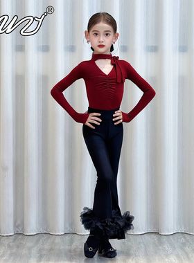 拉丁舞服女童高级感2025秋冬新款少女儿童长袖练功服演出舞蹈服