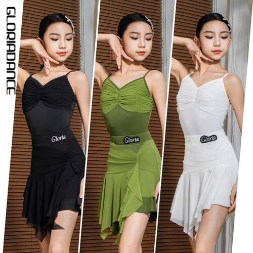 歌瑞亚新款拉丁舞服女童春夏吊带上衣网纱裙套装表演出舞蹈练功服