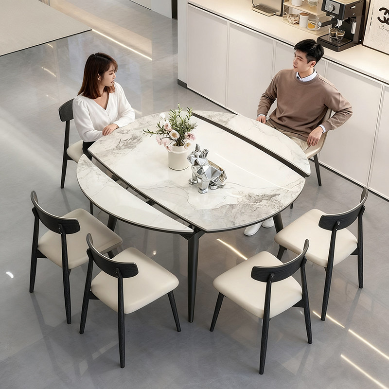 岩板折叠餐桌椅组合家用现代简约方圆两用实木多功能可伸缩变圆桌
