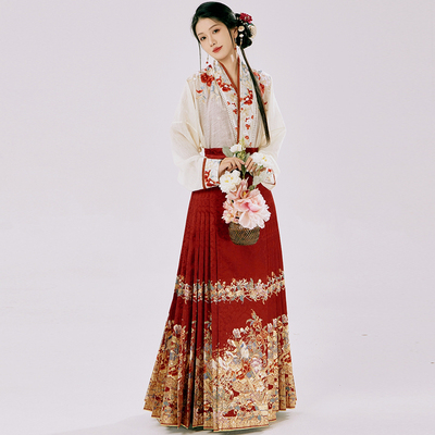 月渺镜[繁花]马面裙套装女2025新款明制汉服新中式织金红色半身裙