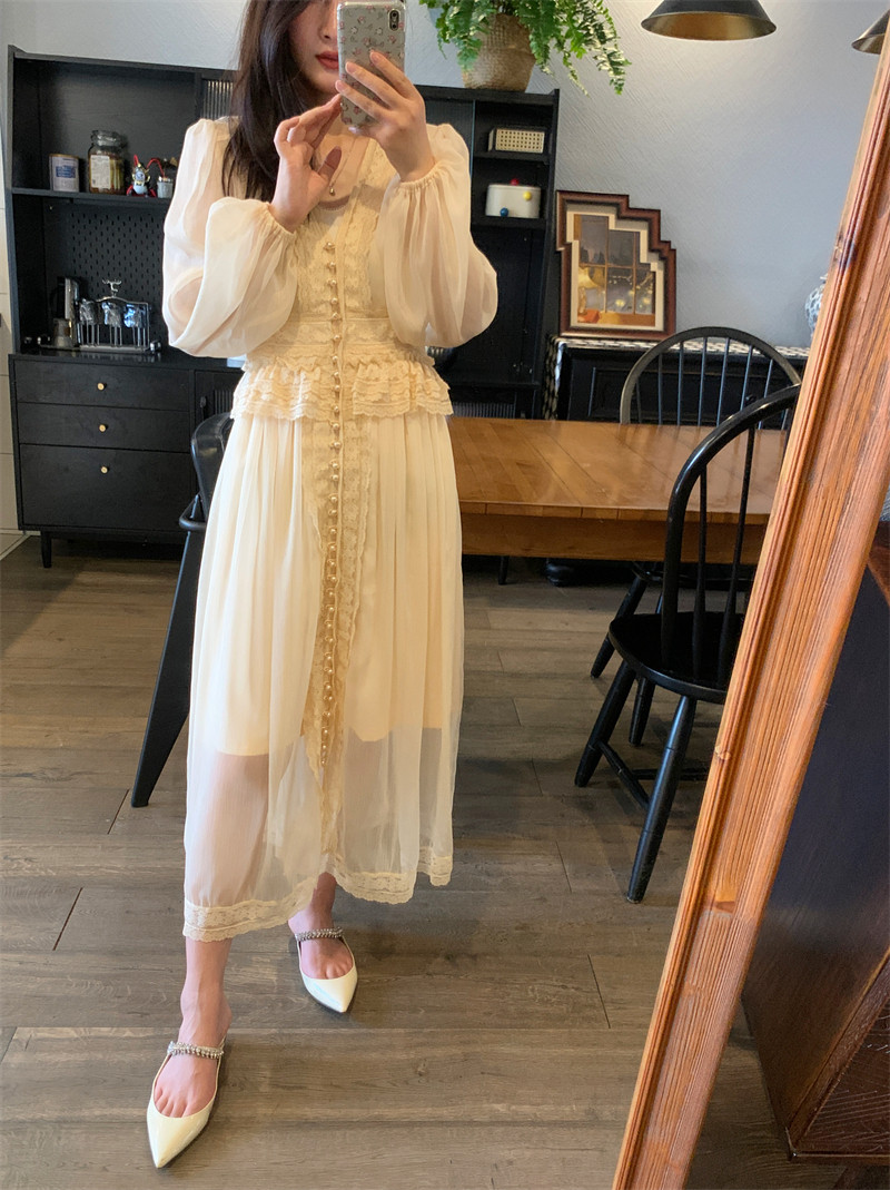 澳洲仙女裙 ZIM柔美奶油重磅蕾丝珍珠连衣裙