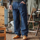 简约休闲长裤 靛海阿美咔叽丹宁复古水洗原色宽松直筒牛仔裤 美式 男