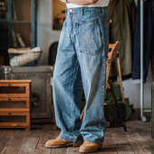 靛海 男 直筒休闲裤 日系宽松阔腿复古水洗做旧丹宁高腰牛仔裤 美式