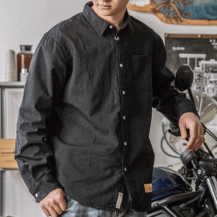 休闲水洗感男式 美式 复古工装 男防褶皱长袖 衬衣纯色春秋 余文乐衬衫