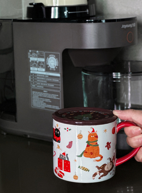 圣诞节新款小猫马克杯带勺带盖送礼礼品大容量高颜值陶瓷杯咖啡杯