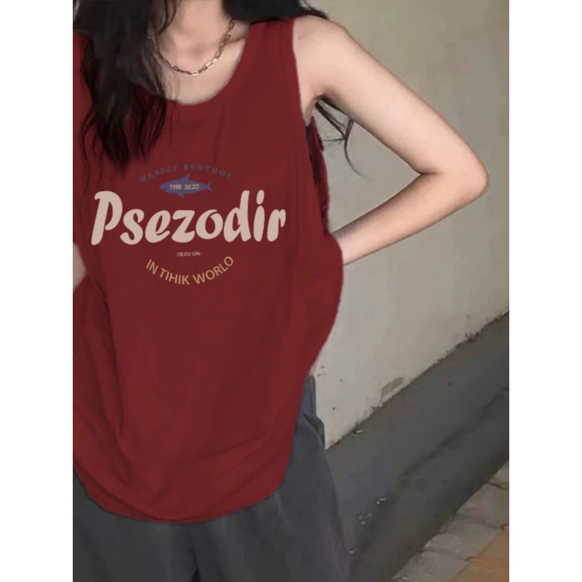 酒红色纯棉吊带坎肩背心无袖t恤女夏季外穿宽松篮球服港风上衣ins