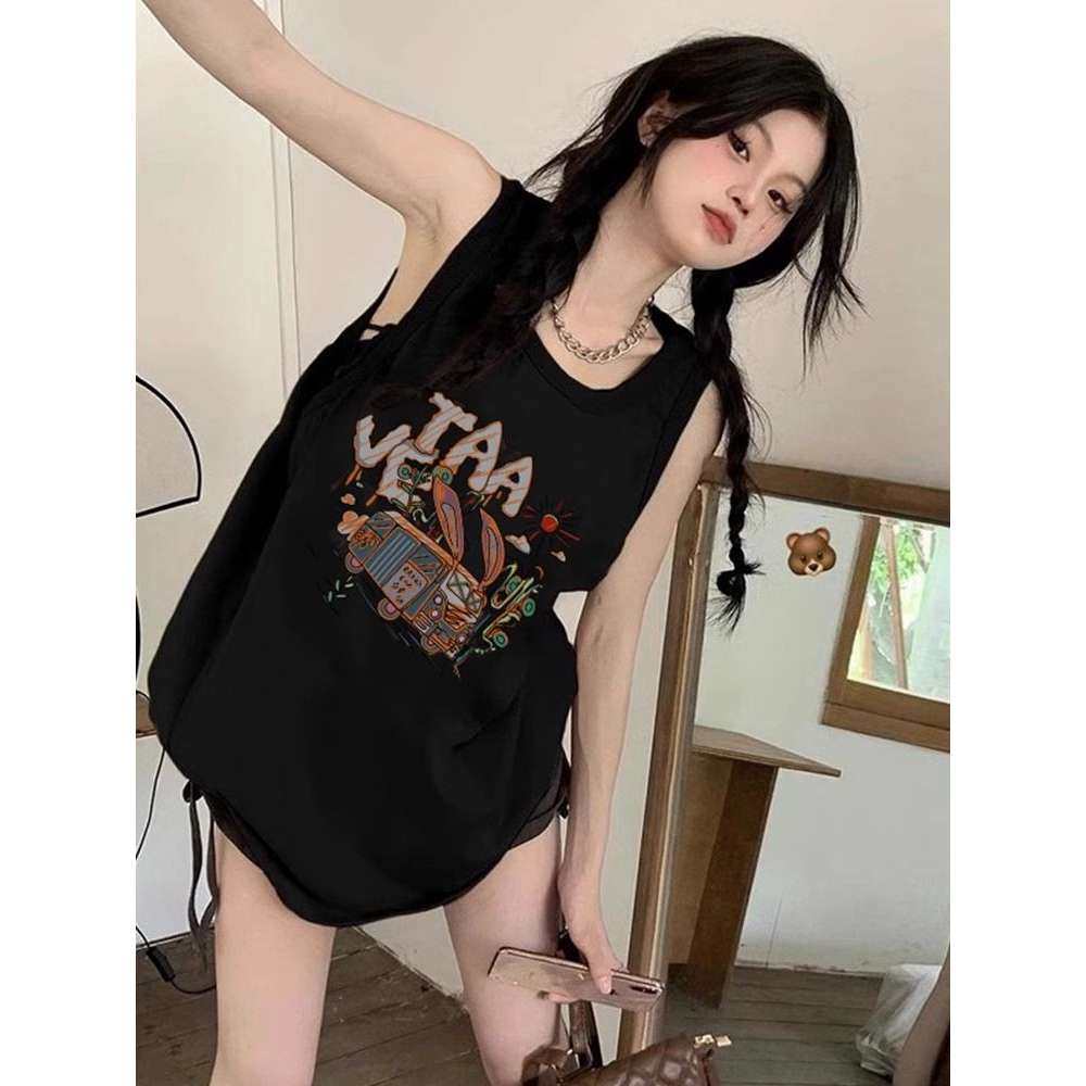 背心女夏宽松显瘦中长款休闲纯棉黑色下衣失踪无袖t恤洋气上衣ins